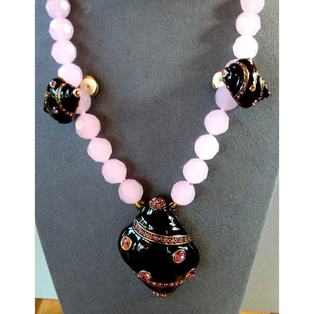 Heidi Daus Pink & Black Beaded Necklace With Large Pendant